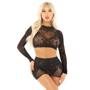 Black 2pc Rhinestone Lace and Net Crop Top with - Heart Keyhole Mini Skirt - Os