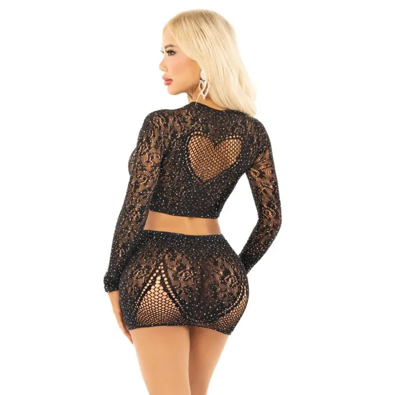 Black 2pc Rhinestone Lace and Net Crop Top with - Heart Keyhole Mini Skirt - Os
