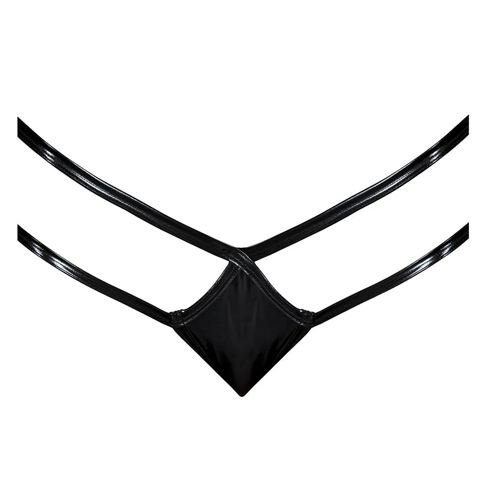 Exposed Liquid Onyx Wet Look Strappy Cutout Crotchless Thong - Curvy