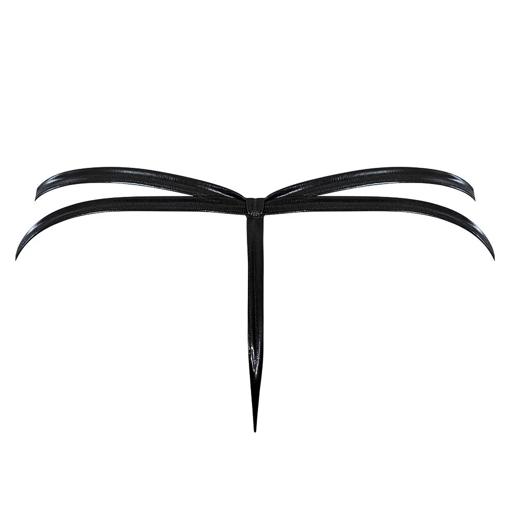Exposed Liquid Onyx Wet Look Strappy Cutout Crotchless Thong - Curvy
