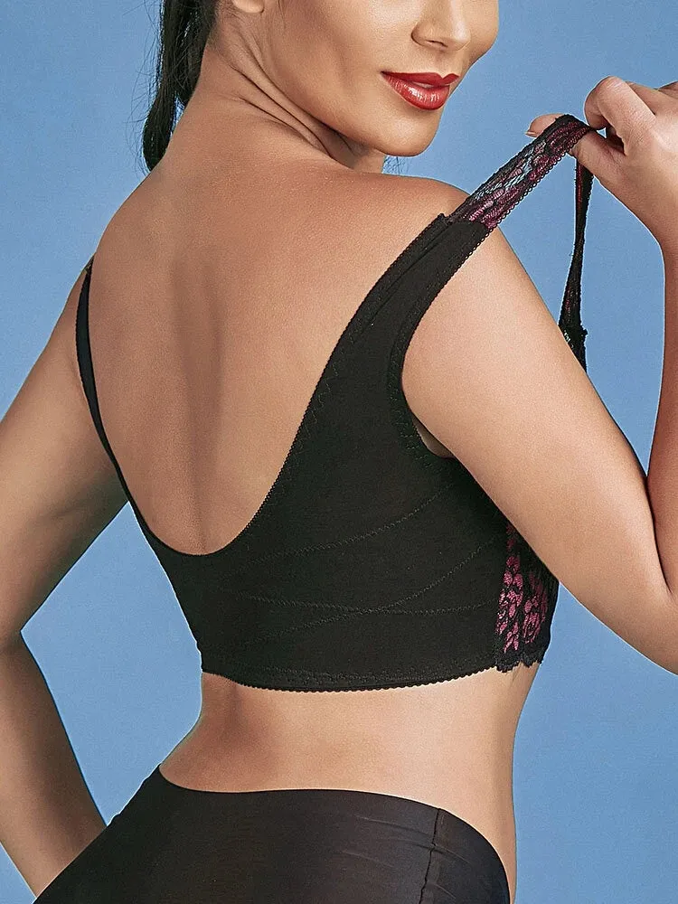 Flower Lace Zipper Front Wide Shoulder Straps Wireless Bra