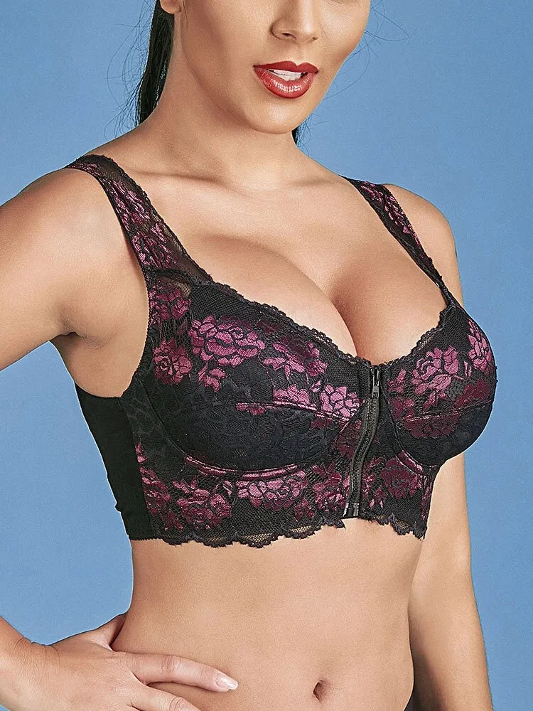 Flower Lace Zipper Front Wide Shoulder Straps Wireless Bra