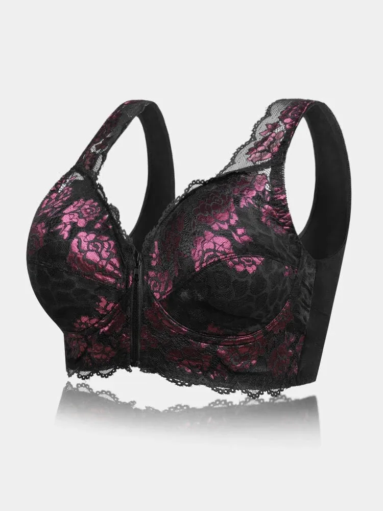 Flower Lace Zipper Front Wide Shoulder Straps Wireless Bra