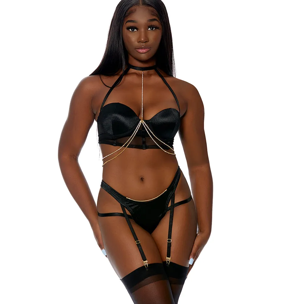 Forplay Diamond In The Rough Black Satin & Mesh Bustier & Garter Panty