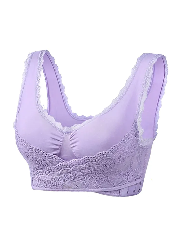 Lace Front Closure Wide Straps Wireless Bra