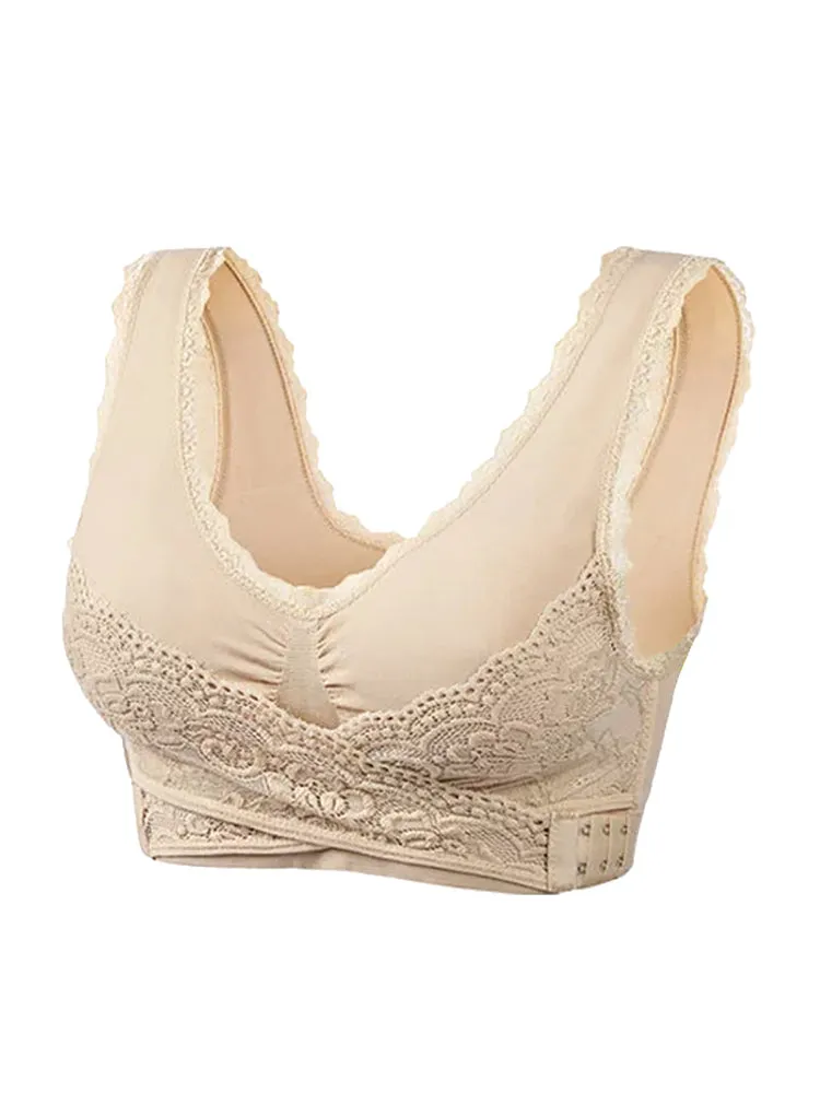 Lace Front Closure Wide Straps Wireless Bra
