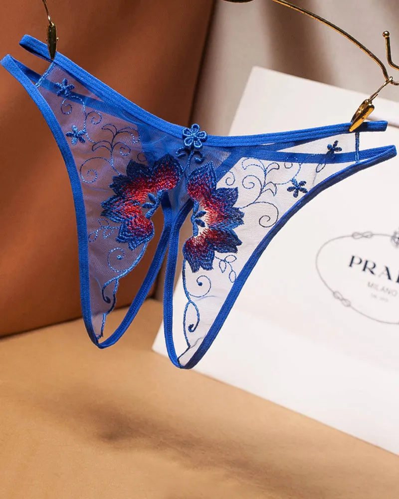Mesh Embroidered Crotchless Thong