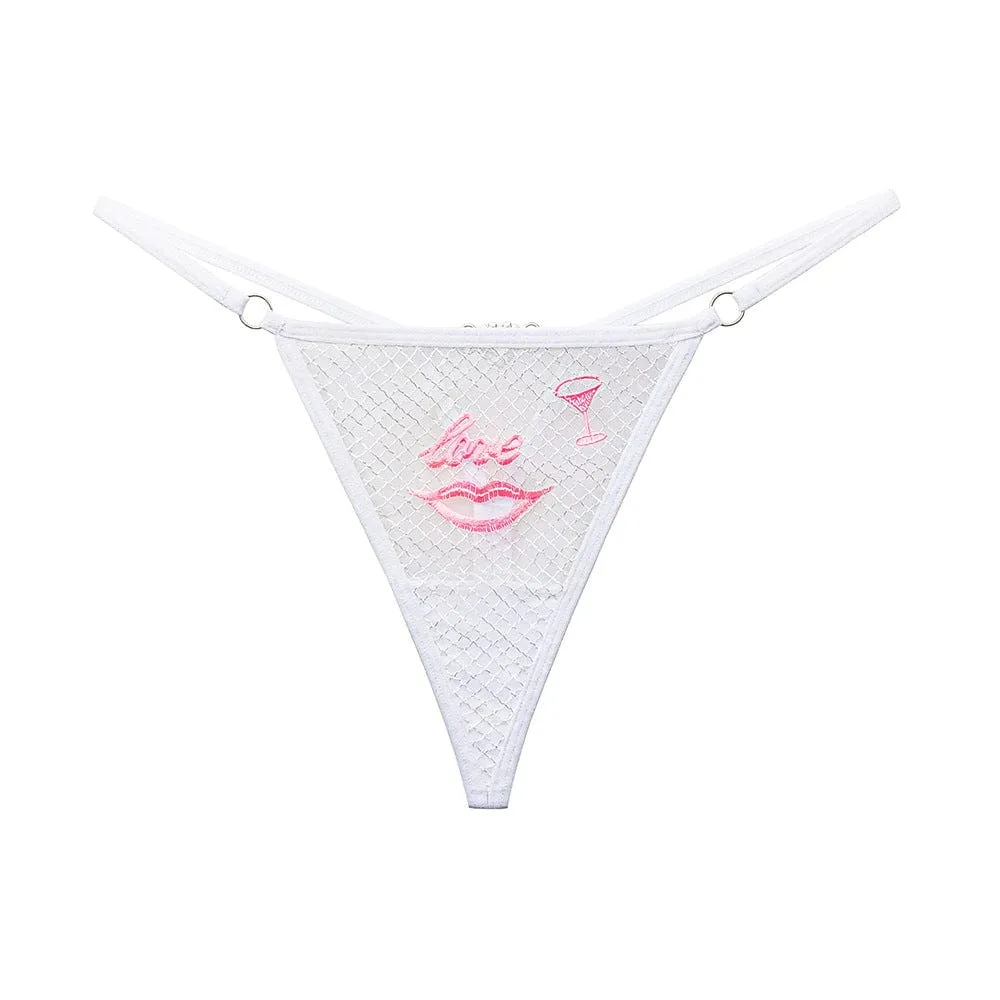 "Love" Red Lips Sexy Embroidery Mesh Women Thong with Diamonds