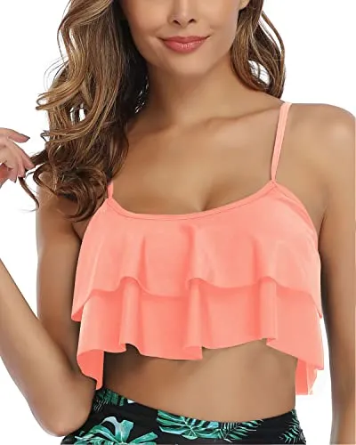 Tiered Flowy Ruffles Swimsuit Tank Top For Women-Coral Pink
