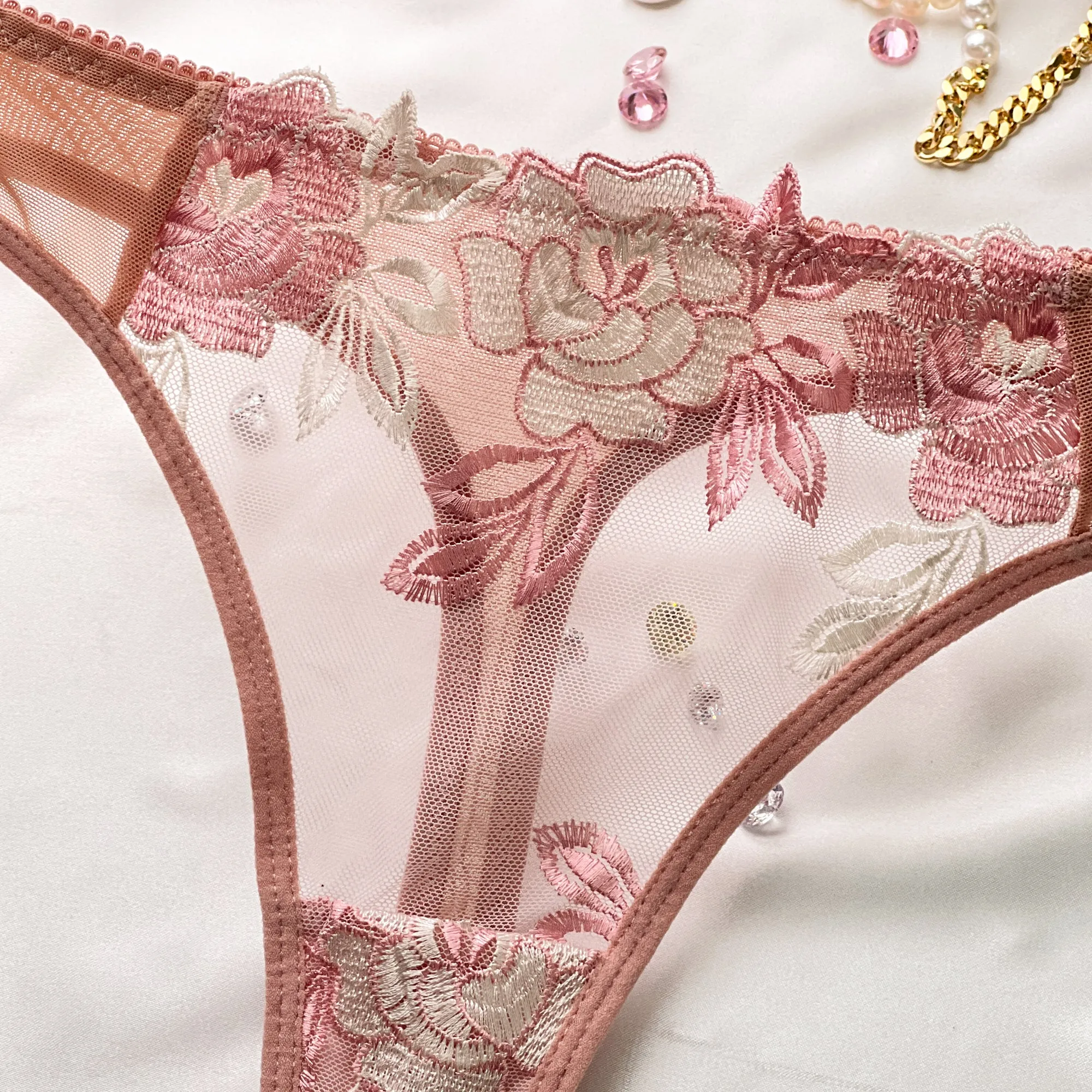 White Flower Embroidery Mesh Thong Lingerie Underwear