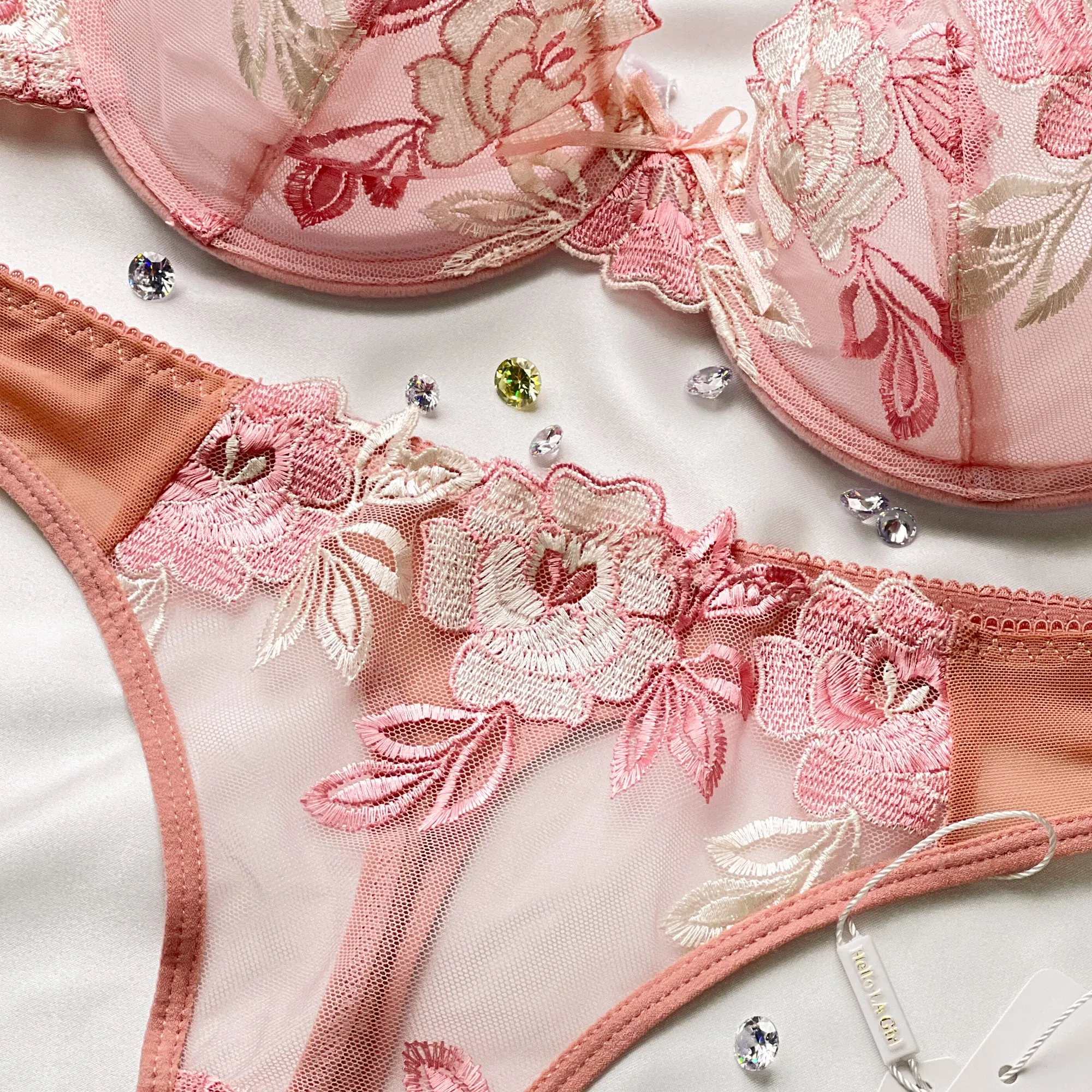 White Flower Embroidery Mesh Thong Lingerie Underwear