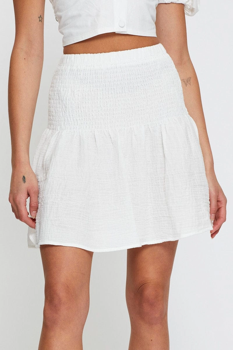 White Linen Blend Shirred Waist Skater Skirt